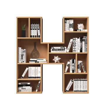Bookshelves 3d font. Alphabet in the form of book shelves. Mockup font, 3d rendering. Letter H