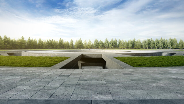 Empty curved concrete path with meadow and tree. 3d rendering of abstract space with sky background.