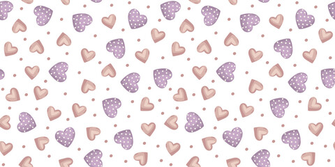 Simple hearts seamless pattern. Valentines day background. cartoon cute baby design endless chaotic texture made of pink and purple hearts on white background.
