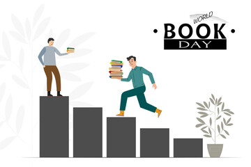 Between people's book day, vector image on the theme of World Book Day, in a flat style, a person climbs the stairs with books in his hand, conceptual illustration