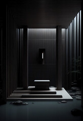 3d render of a building in night. Interior design of a minimalist room in a luxurious hotel with a spa for relaxation and the promotion of personal health. Ai generated.