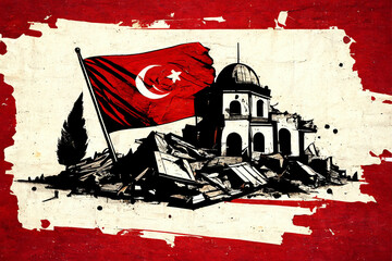Collapsed building because earthquake hits Turkey, disaster, victim, refugee, camp, sad