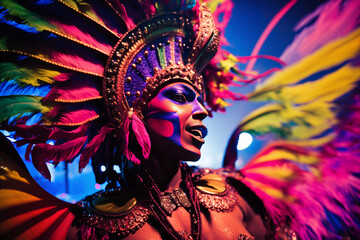 Fototapeta na wymiar Carnival Chaos - A close-up shot of the Brazilian Carnival, capturing the energy and excitement of the music festival and masquerade celebration. AI