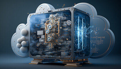 Abstract futuristic cloud computing technology concept background. Complex high technology circuit board. Generative AI illustration.