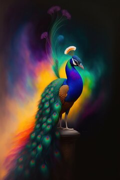 Un paon color&eacute; sur un fond multicolore - generative AI