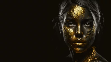 Wanddecoratie Zwart goud Abstract portrait on black backdrop. Attractive beautiful girl. Glamour fashion girl. Beautiful black woman. Abstract background. Bright luxury background. Beauty face. gold and black  © Blackcup