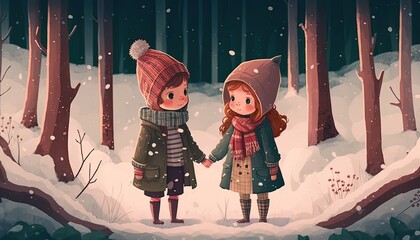 illustration of a romance couple scene, winter snowfall in forest, romantic atmosphere with cute lover looking at each other, Generative Ai