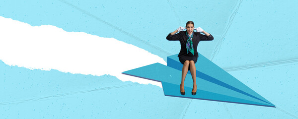 Contemporary art collage. Creative design. Young emotional woman, stewardess sitting on paper plane and covering ears. Ready to fly. Banner. Concept of adventure, travel and vacations, occupation.