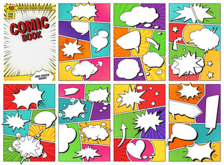 Comic book templates. Comics magazine cover and pages grid layouts with speech balloon frames vector set © WinWin
