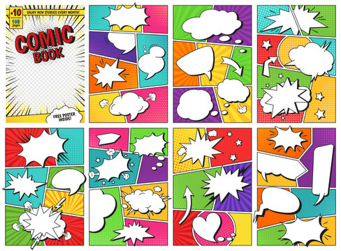 Comic book templates. Comics magazine cover and pages grid layouts with speech balloon frames vector set