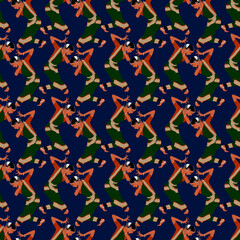 Seamless pattern with the image of dancing Indian girls. Rhythmic composition on a dark background.Colorful endless pattern. Texture background, fabrics, textiles, paper, folk traditions.
