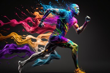 Fototapeta na wymiar Inspiring Digital Art of a Man Running with Intricate Colored Paint Design