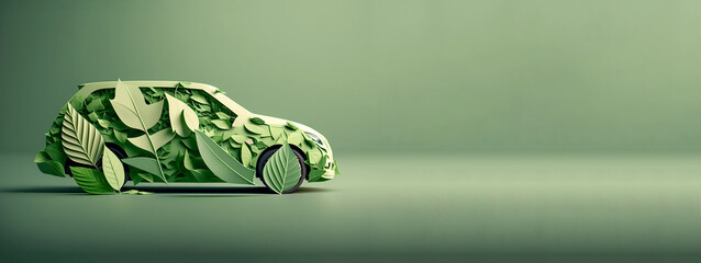 Isolated car formed by green leaves and branches on a green background. Car ecology concept. Generative AI - obrazy, fototapety, plakaty