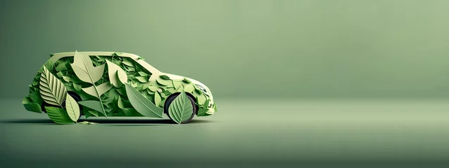 Foto op Canvas Isolated car formed by green leaves and branches on a green background. Car ecology concept. Generative AI © Ivan Guia