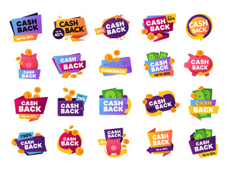 Cash back. Promotion offer sign with coins and cash returns to wallet, banking card and piggy bank savings cartoon vector illustration set