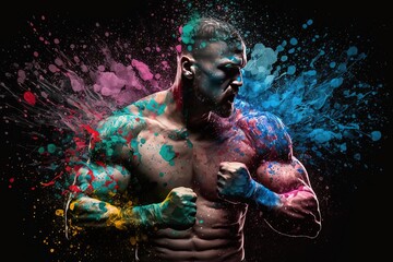 Naklejka na ściany i meble Artistic Portrait of a Man with Paint All Over His Body - Colorized Photo of a Muscular MMA Fighter in Southpaw Stance