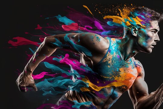 Stunning Digital Art of a Man Running with Colored Paint - Amazing Splashscreen and Athlete Photography