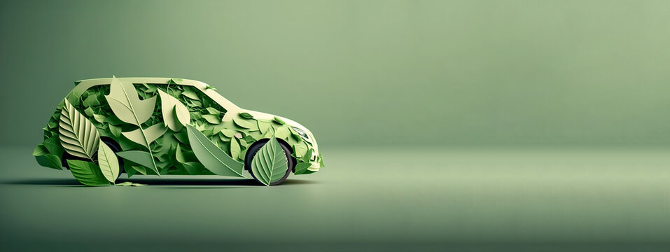 Isolated car formed by green leaves and branches on a green background. Car ecology concept. Generative AI
