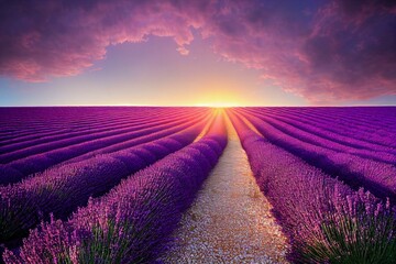 Obraz na płótnie Canvas Sunset sky over a summer lavender field. Sunset over a violet lavender field in Provence, France. Generative AI