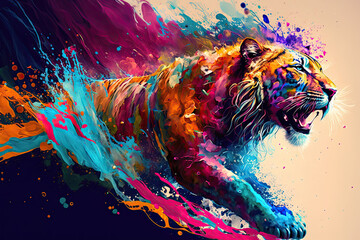 Illustration of a tiger, colourful. Generative AI image.