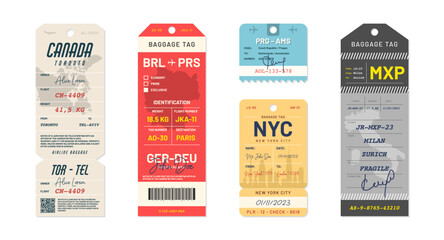 Baggage tags and travel tags. Luggage tags and labels for airport transportation industry. Set of luggage labels and stickers for travelers. Vector