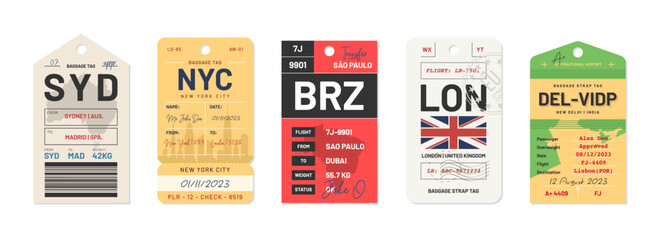 Baggage tags and travel tags. Luggage tags and labels for airport transportation industry. Set of luggage labels and stickers for travelers. Vector - 569172202