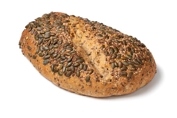 Fresh loaf of spelt bread and a variety of seeds close up isolated on white background