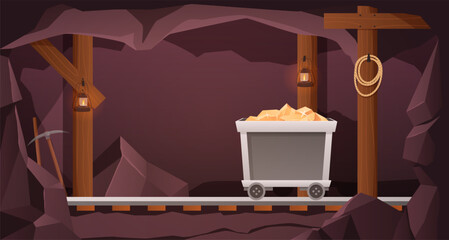 Gold mine tunnel. Trolley with gold nuggets in old mining cave interior cartoon vector background illustration