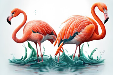 Two pink flamingos and water splashing abstract watercolor, Generative AI