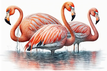 Fototapeta premium Three pink flamingos standing in water watercolor, Generative AI