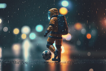 Astronaut playing soccer in rainy night. Tilt shift defocused photorealistic astronaut. Generative AI illustration