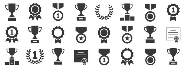 Award & Trophy cup icon set. Winning icons collection. Award symbols collection. Trophy Cup and Winner Medal silhouette Vector - obrazy, fototapety, plakaty