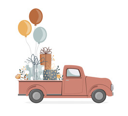 Cute retro pickup track delivering gifts, flowers, and balloons. Special car delivery. Valentines day, birthday or wedding concept. Love, Romantic vector illustration in flat cartoon style - obrazy, fototapety, plakaty