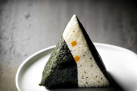 Triangle kimbap in Korean Similar to Japanese rice ball onigiri, samgak is created with nori, rice, and tuna fish. horizontal, copy space. Generative AI