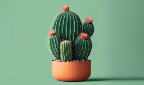 Horizontal image of a beautiful pot with cactus blom with red flowers isolated over a light green background. Generative AI