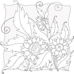 Black and white drawing of a bouquet of sunflowers with leaves