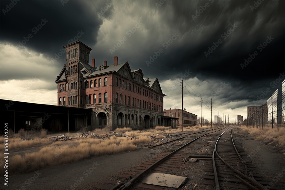Poster location under an overcast sky with railroad tracks and abandoned concrete structures generative ai