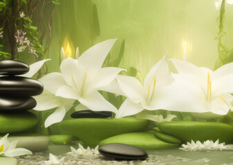 Black therapy stones surrounded by white lily flowers and green plants by a small pond