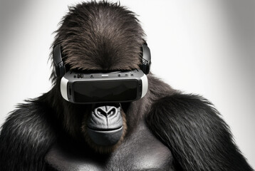 Portrait of a black gorilla in VR glasses, playing video games with a virtual reality headset on white background. Generative AI