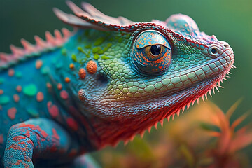 Close up portrait of colorful vibrant chameleon on tree branch with defocused environment background. Generative AI illustration.