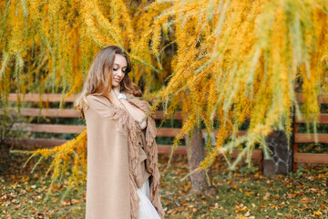 Beautiful woman near an autumn tree with yellow dry branches