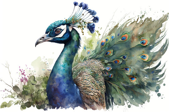 Isolated, Watercolor Peacock, Peacock vector drawing hand made, Colored Drawing, watercolor Peacock on white background, Generative Ai