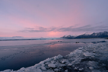 iceberg in the water, Floating Glaciers, beautiful pink sunset