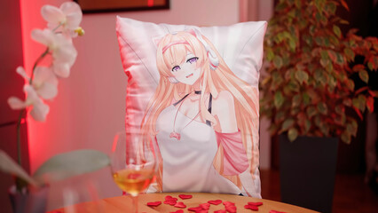 POV of person on Valentine's Day date with anime waifu dakimakura date at home