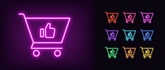 Outline neon trolley cart icon set. Glowing neon shopping trolley with Like hand sign, best buy pictogram. Approval hand with thumb up, benefit purchase, online shopping.
