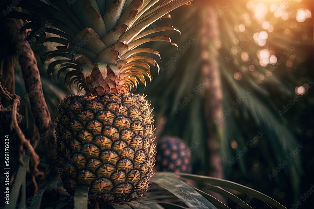 Poster pineapples ripening in the warm heat on a tree. generative ai