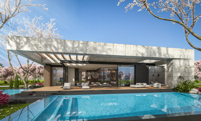 3d rendering of new concrete house in modern style with pool and parking for sale or rent and beautiful landscaping on background. Fresh spring day with a blooming trees with flowers of sakura.