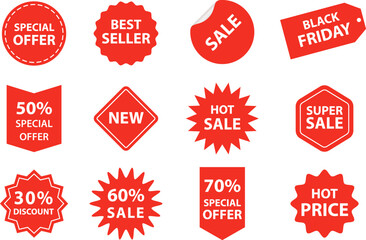 Set of red sale tag stickers isolated on white background.