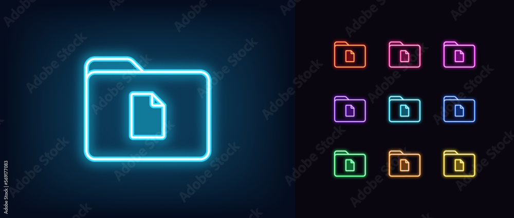 Poster outline neon file folder icon set. glowing neon folder frame with document sign. business report fol