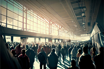 People in the crowd get off the train in train terminal.